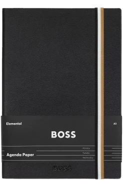 A5 black faux-leather notebook with signature-stripe strap