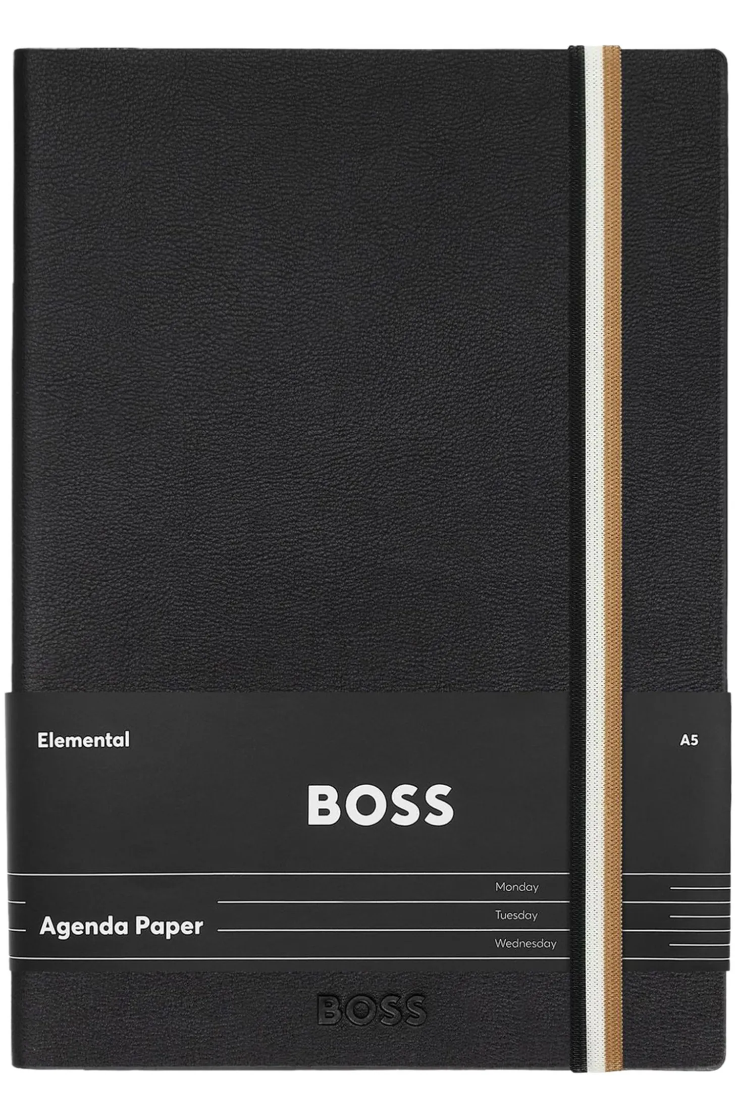 A5 black faux-leather notebook with signature-stripe strap