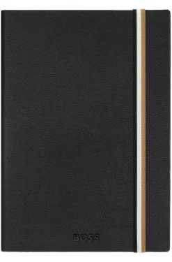 A5 black faux-leather notebook with signature-stripe strap