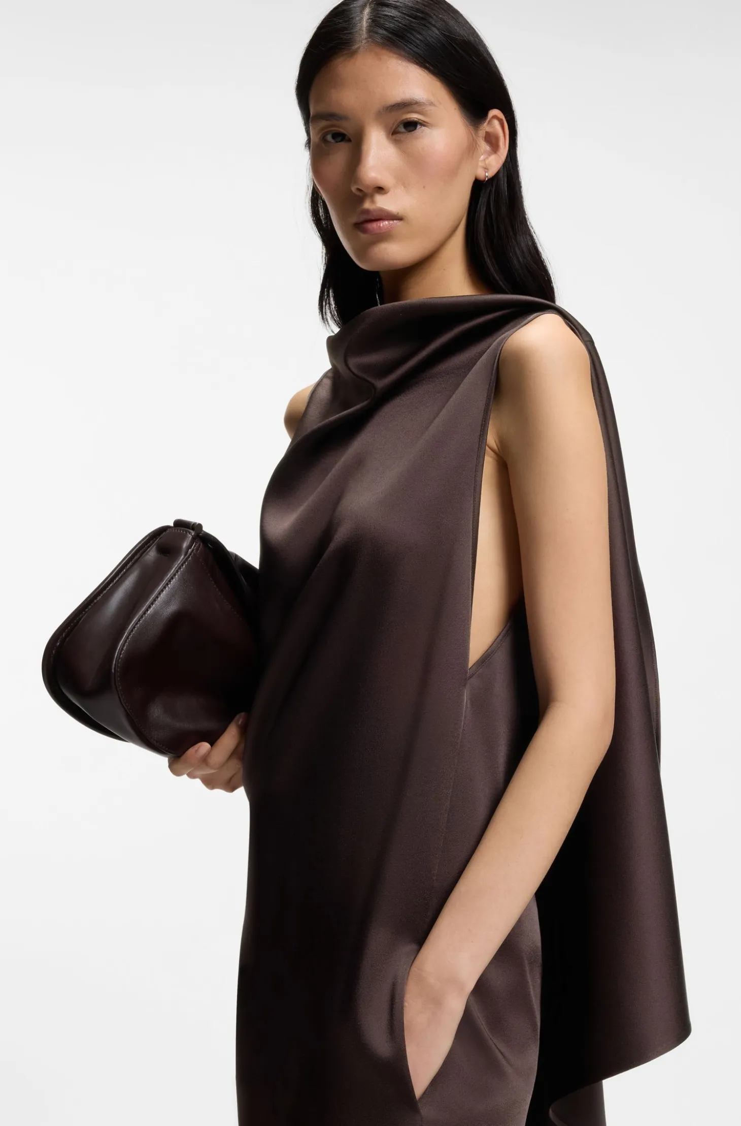 Asymmetric sleeveless dress in draped sable satin