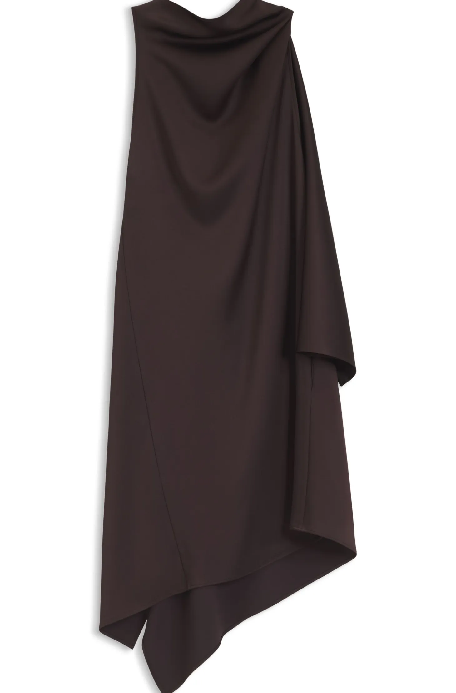 Asymmetric sleeveless dress in draped sable satin