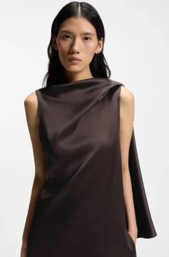 Asymmetric sleeveless dress in draped sable satin