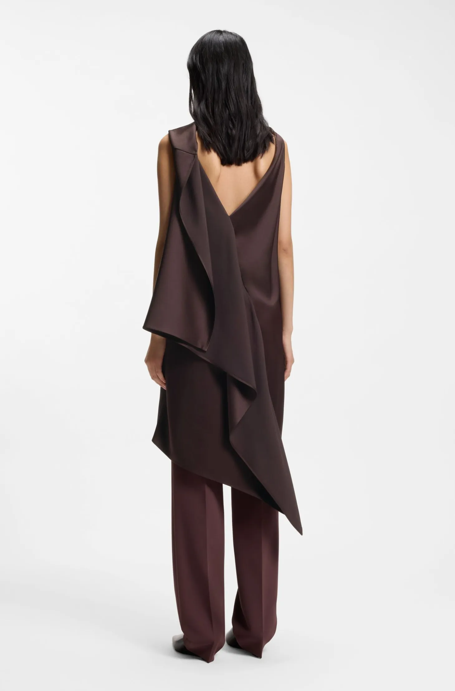 Asymmetric sleeveless dress in draped sable satin