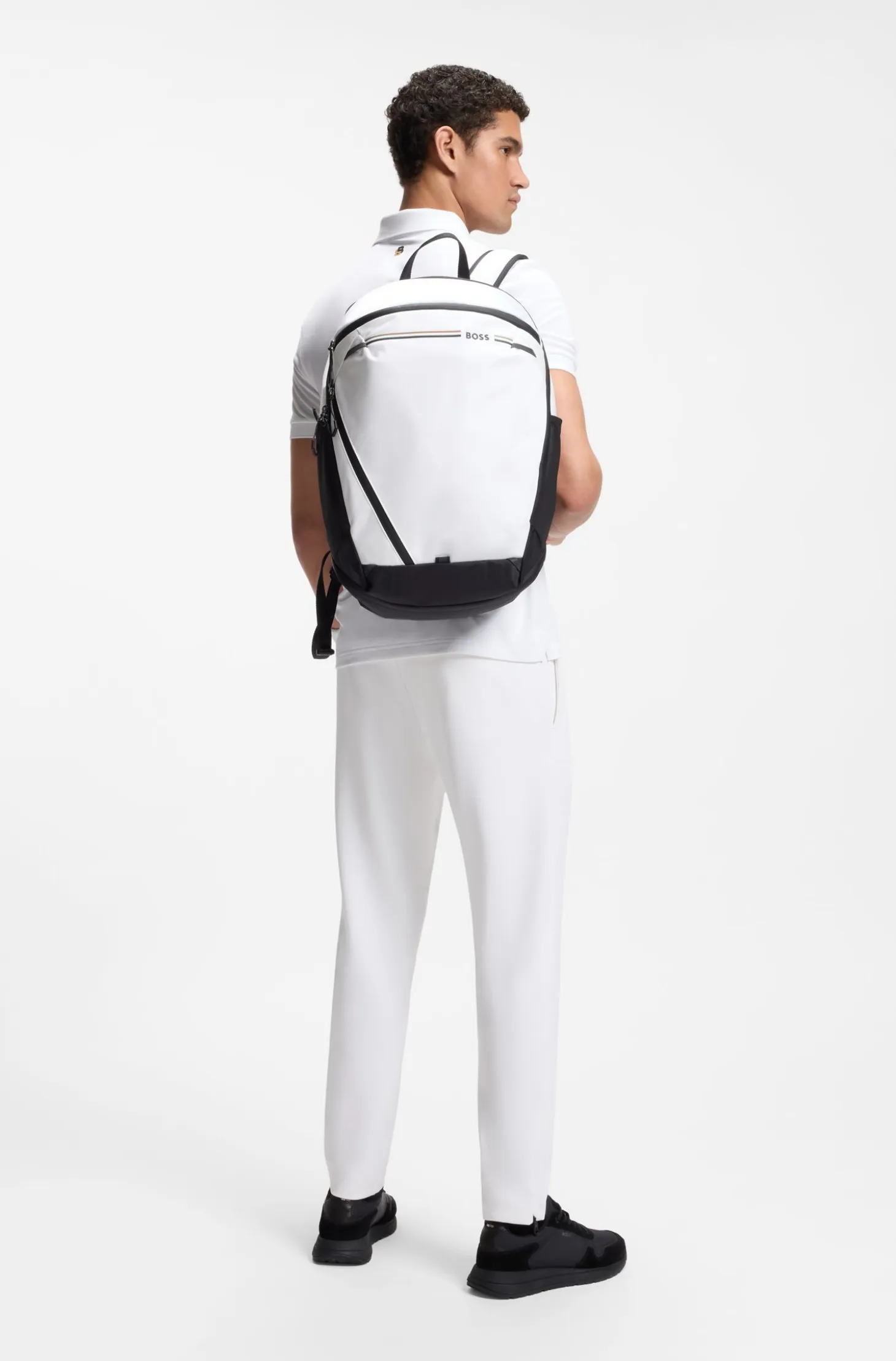 Backpack in structured fabric with logo and signature stripe