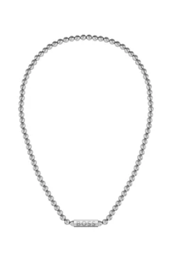 Beaded necklace in brushed stainless steel with octagonal closure