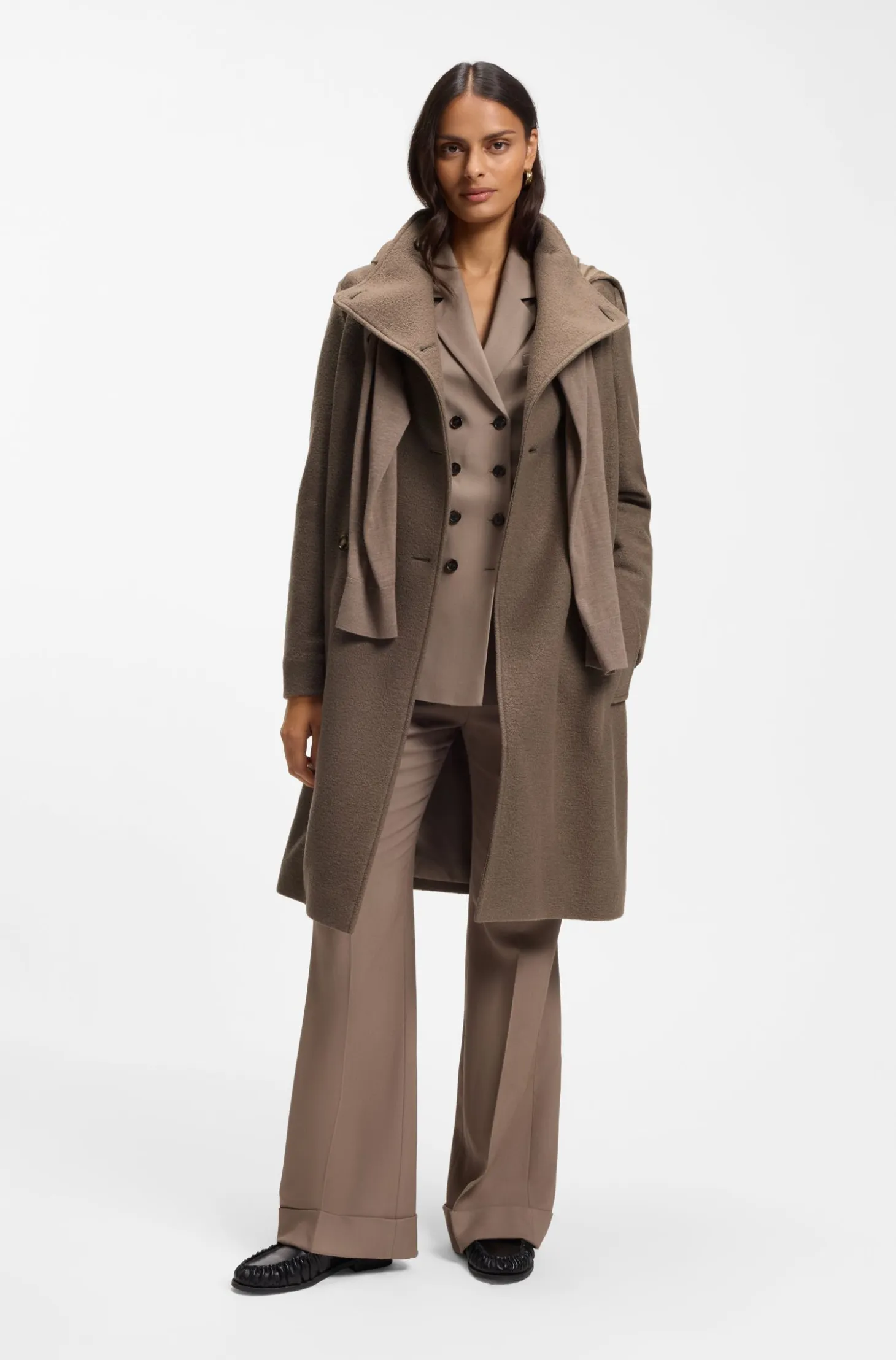 Belted double-breasted coat in virgin wool