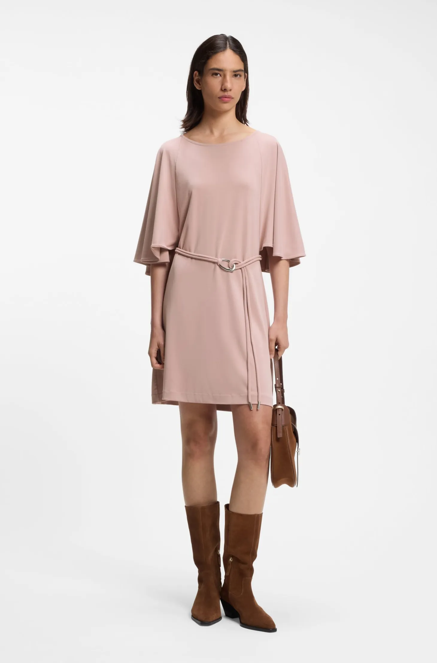 Belted jersey dress with cape-style detail
