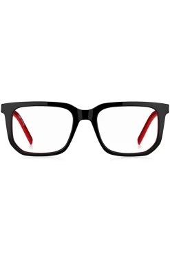 Black-acetate optical frames with red accents