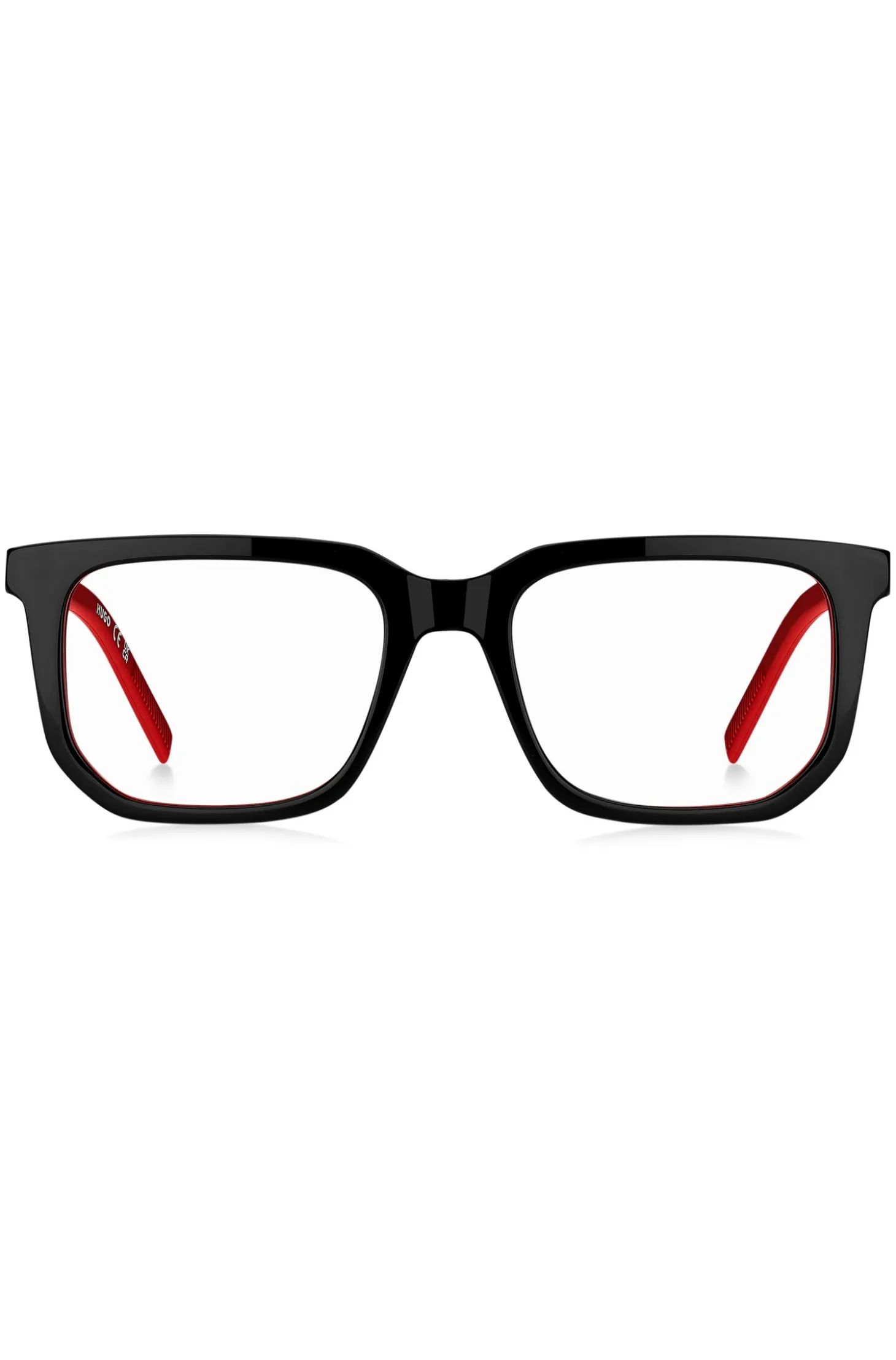 Black-acetate optical frames with red accents