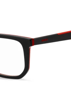 Black-acetate optical frames with red accents