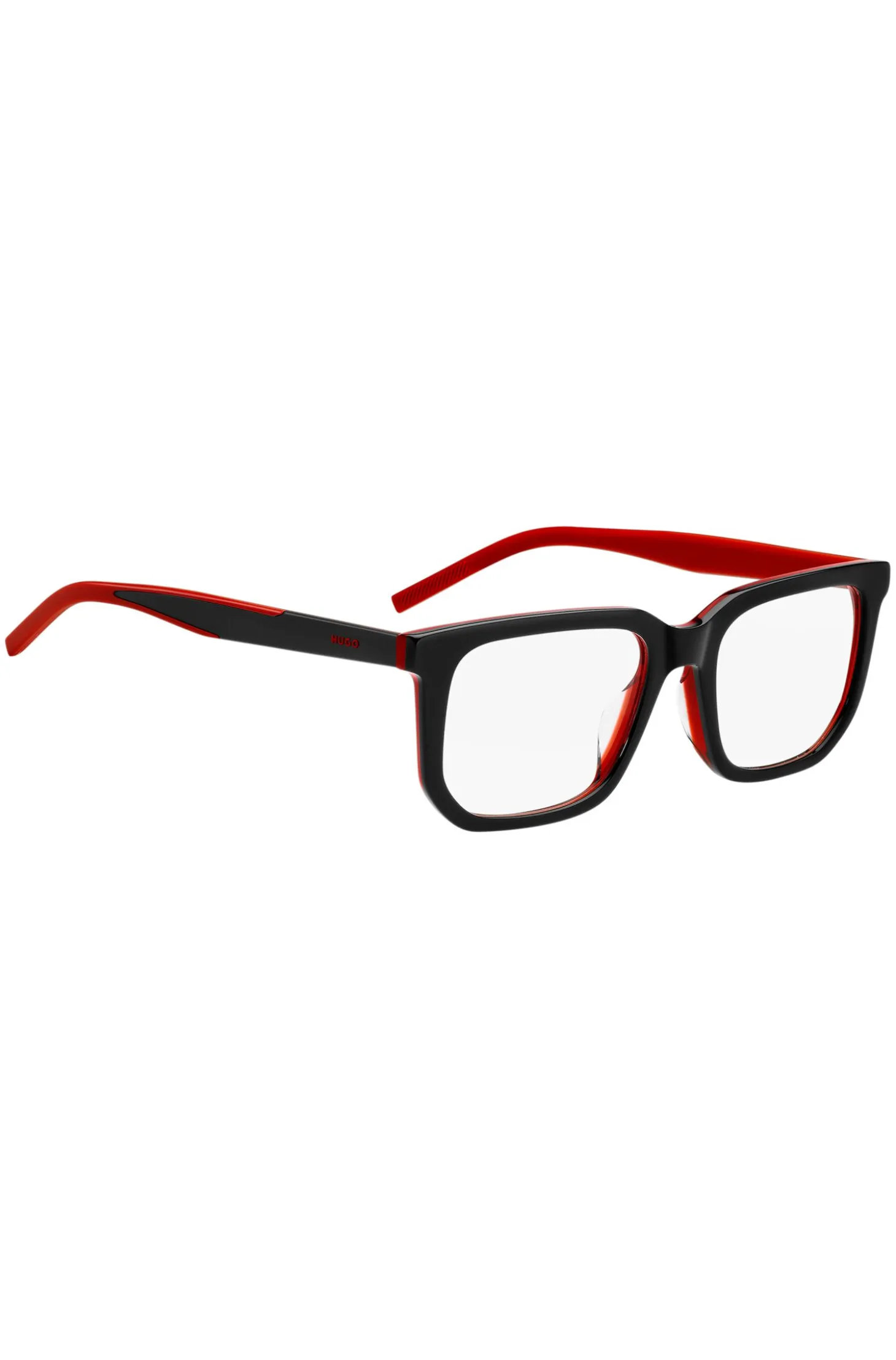 Black-acetate optical frames with red accents