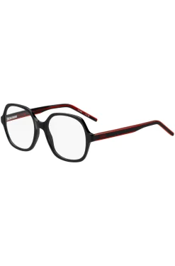 Black-acetate optical frames with signature-red layered temples