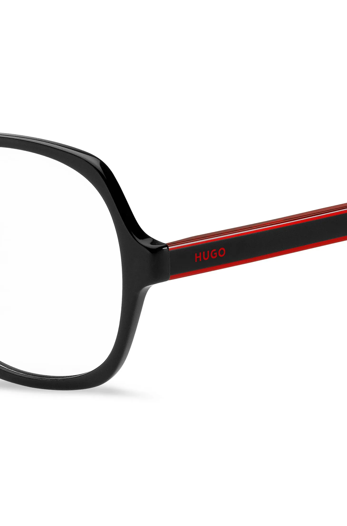 Black-acetate optical frames with signature-red layered temples