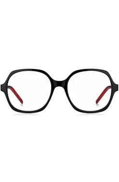 Black-acetate optical frames with signature-red layered temples