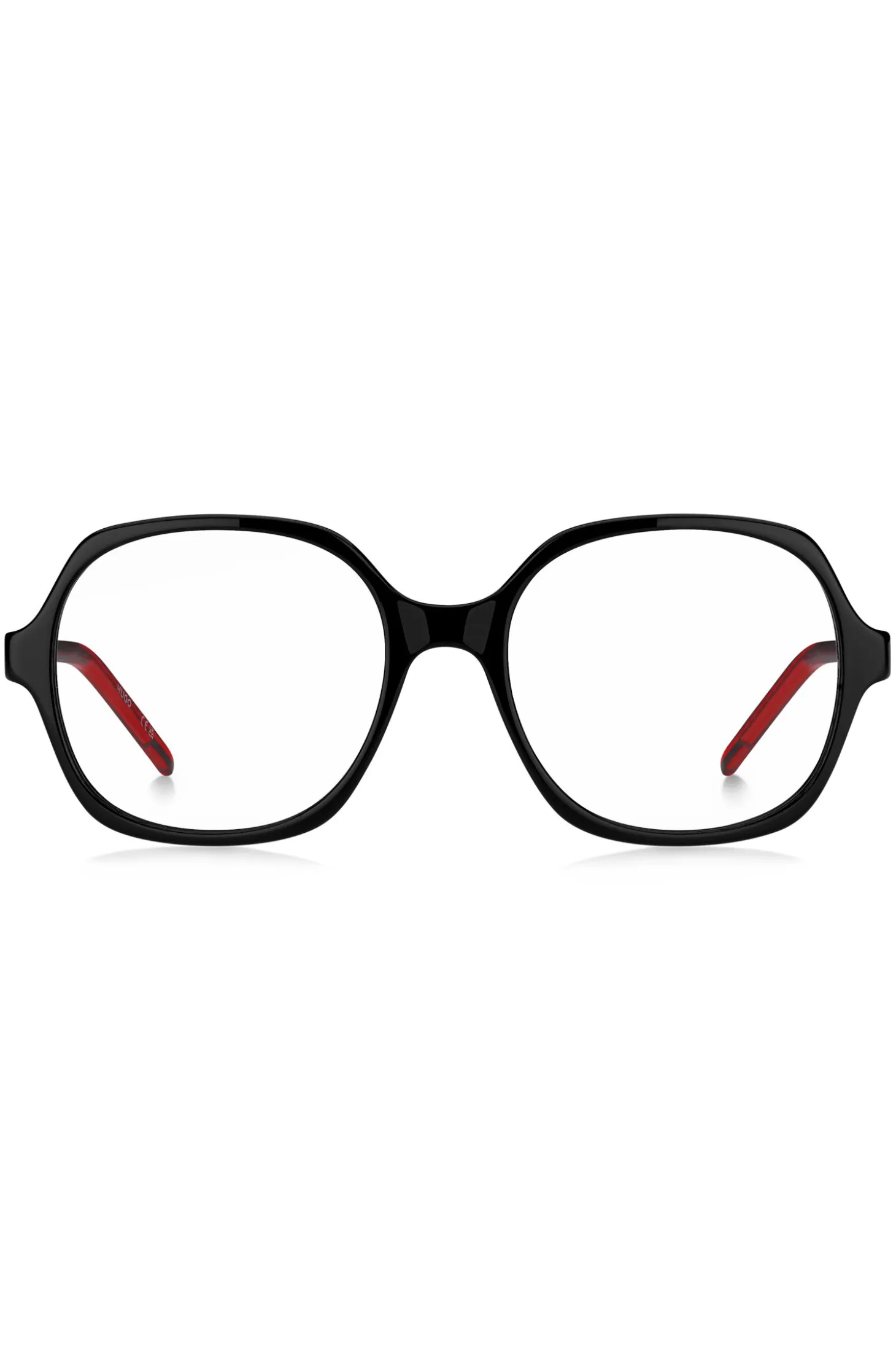 Black-acetate optical frames with signature-red layered temples