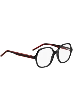 Black-acetate optical frames with signature-red layered temples
