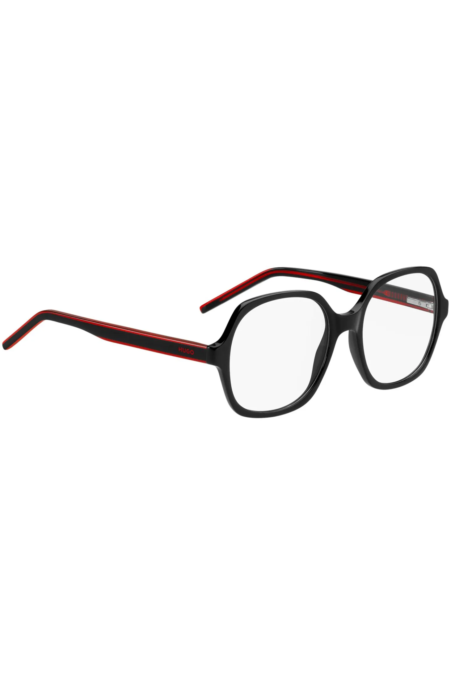 Black-acetate optical frames with signature-red layered temples