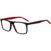 Black-acetate optical frames with red accents