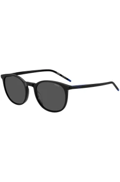 Black-acetate sunglasses with blue logo