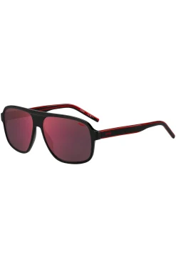 Black-acetate sunglasses with red shaded lenses