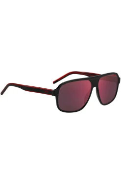 Black-acetate sunglasses with red shaded lenses