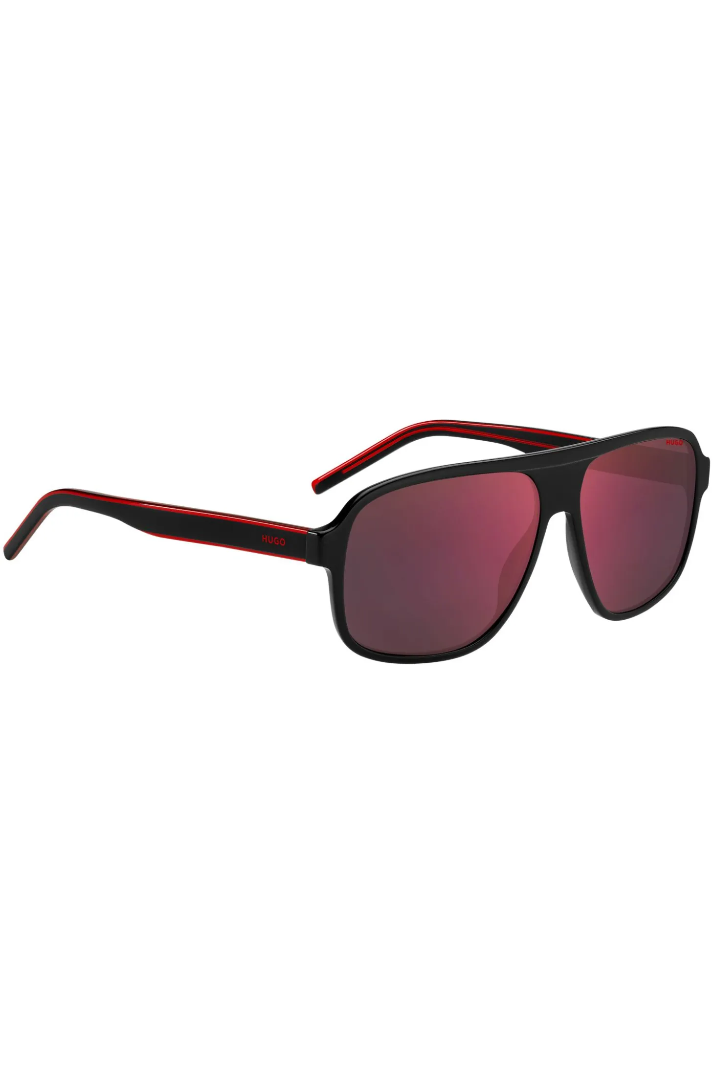 Black-acetate sunglasses with red shaded lenses