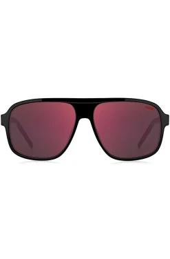 Black-acetate sunglasses with red shaded lenses