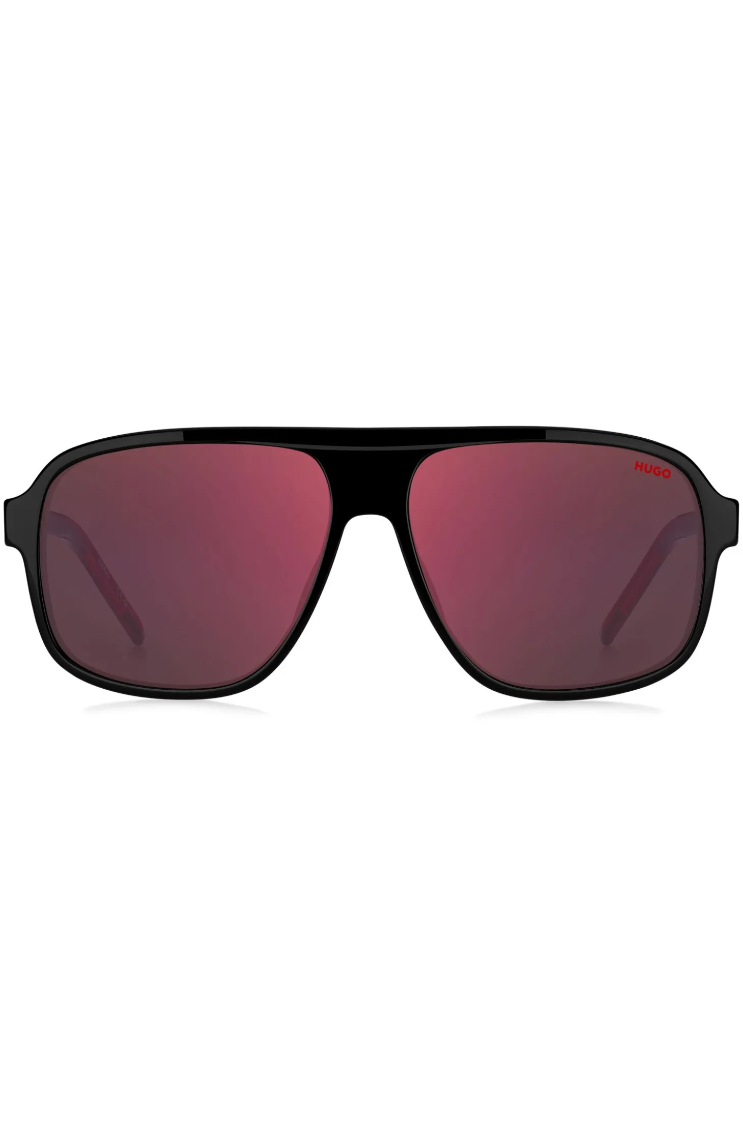 Black-acetate sunglasses with red shaded lenses