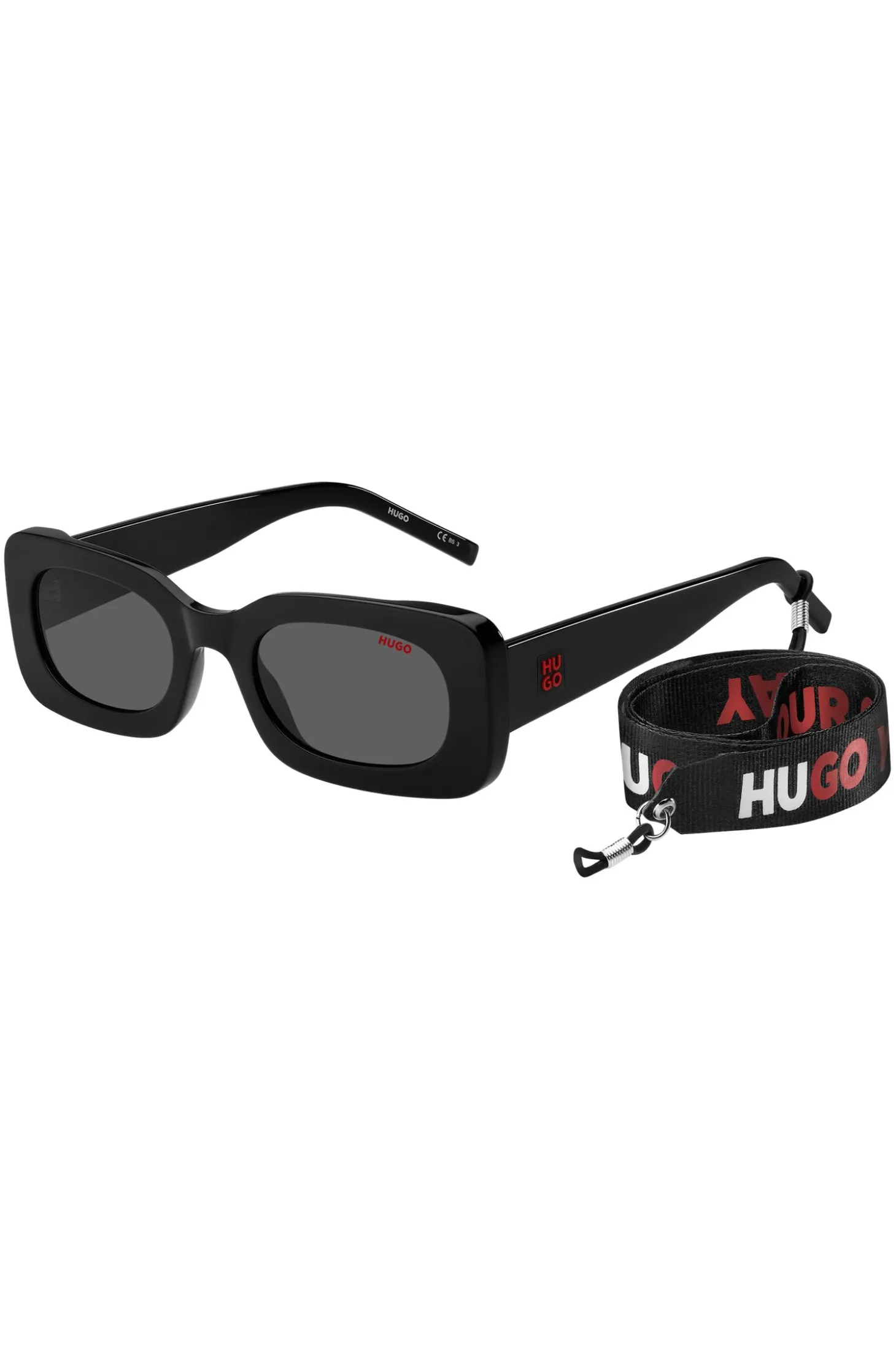 Black-acetate sunglasses with detachable slogan strap