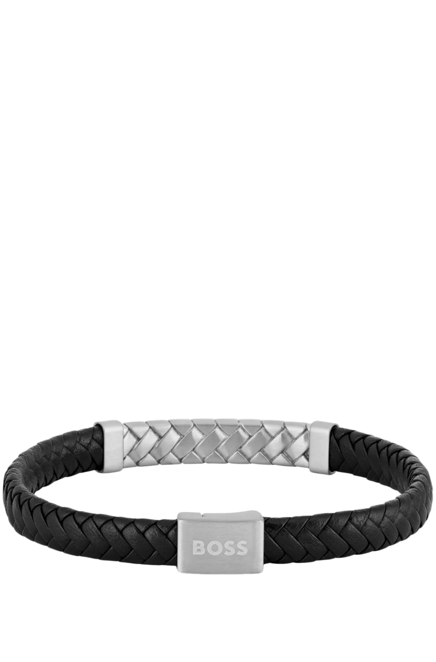 Black braided-leather cuff with herringbone hardware