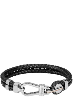 Black braided-leather cuff with silver-tone carabiner closure