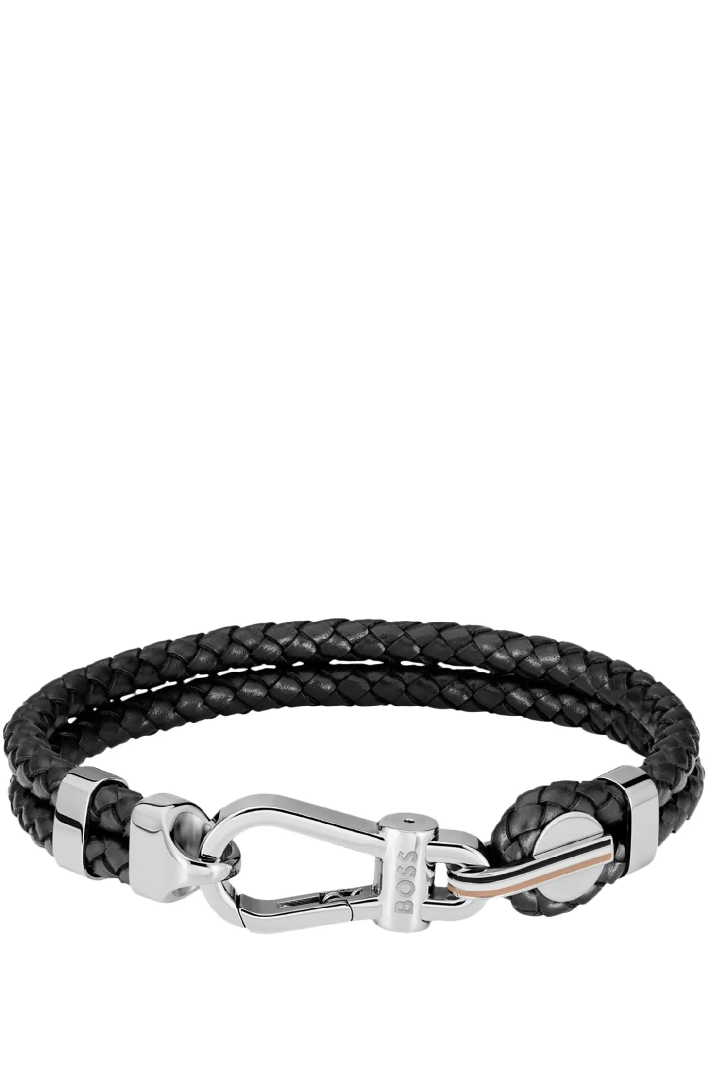 Black braided-leather cuff with silver-tone carabiner closure