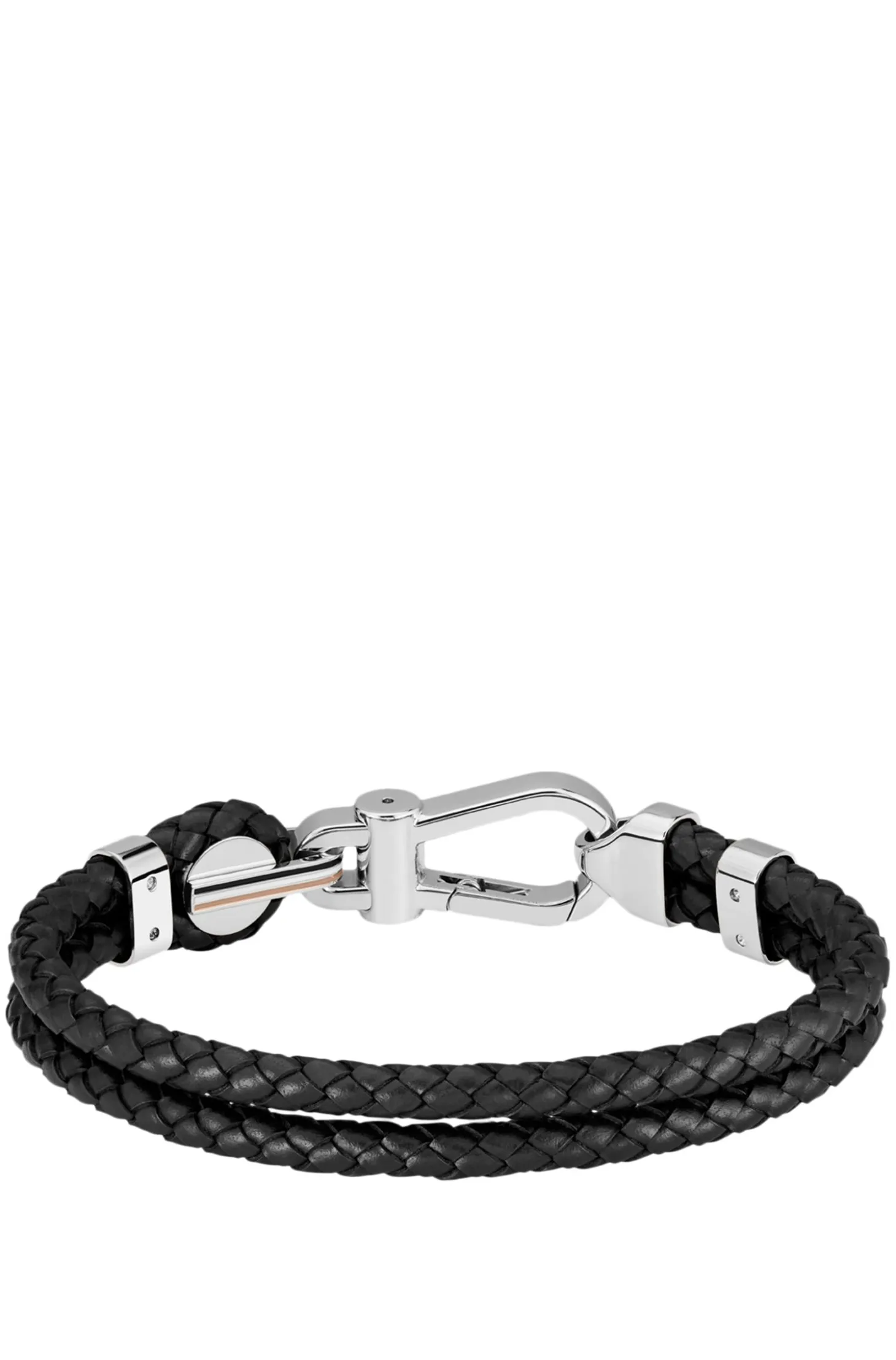 Black braided-leather cuff with silver-tone carabiner closure