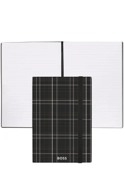 Black check-print A5 notebook with silver-foil logo