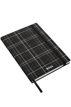 Black check-print A5 notebook with silver-foil logo
