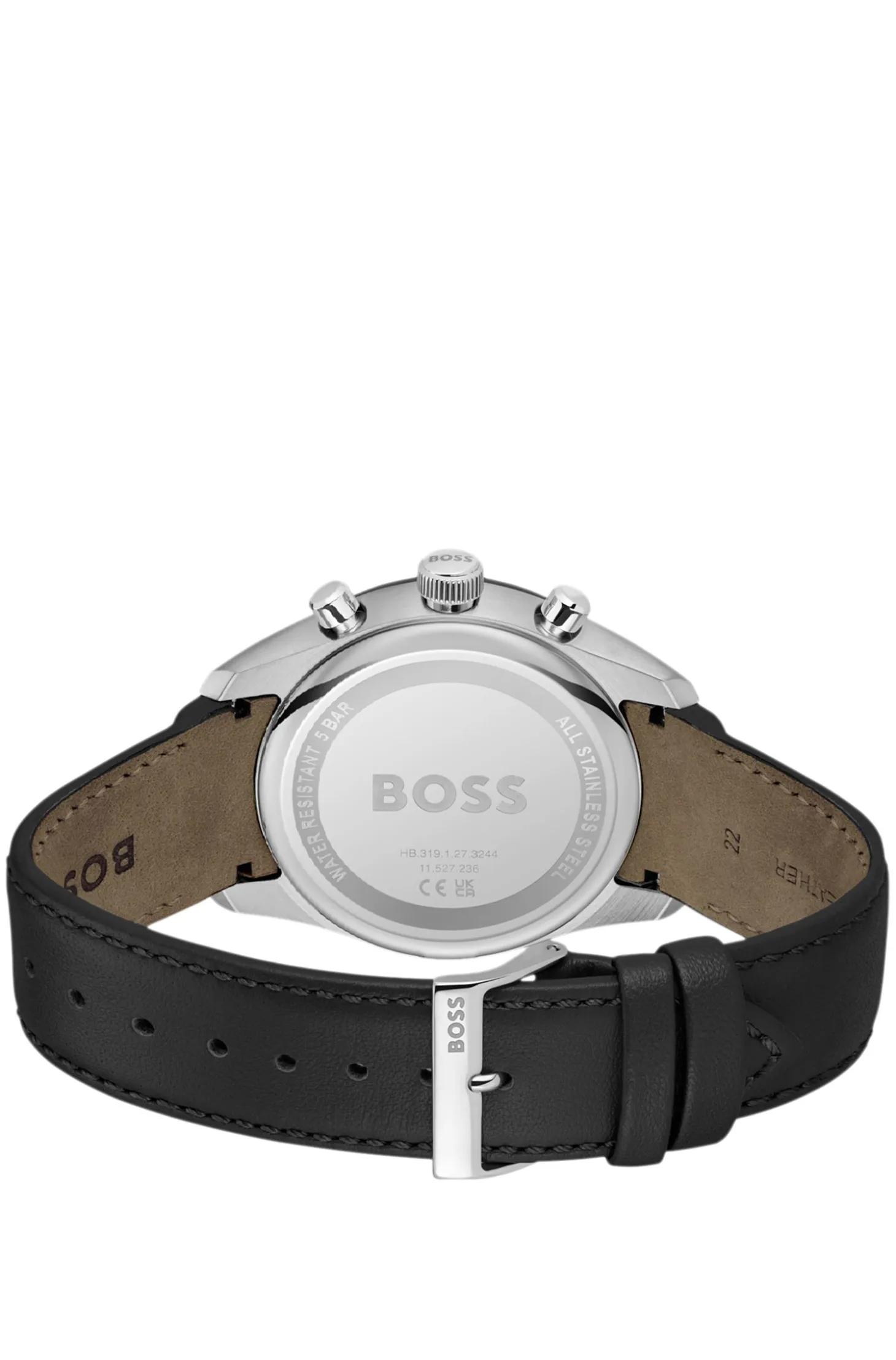 Black-dial chronograph watch with leather strap