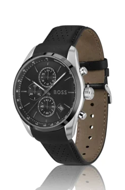 Black-dial chronograph watch with leather strap