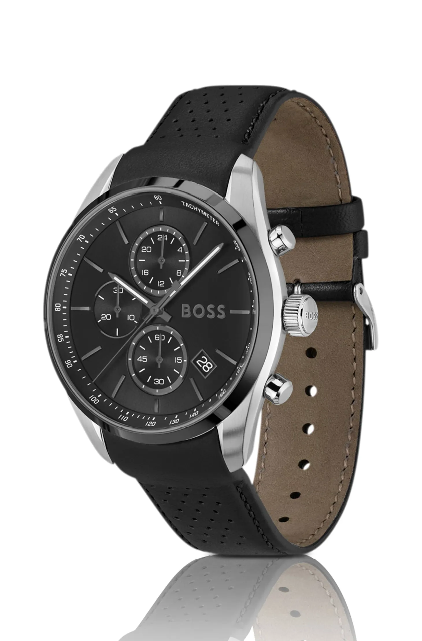 Black-dial chronograph watch with leather strap