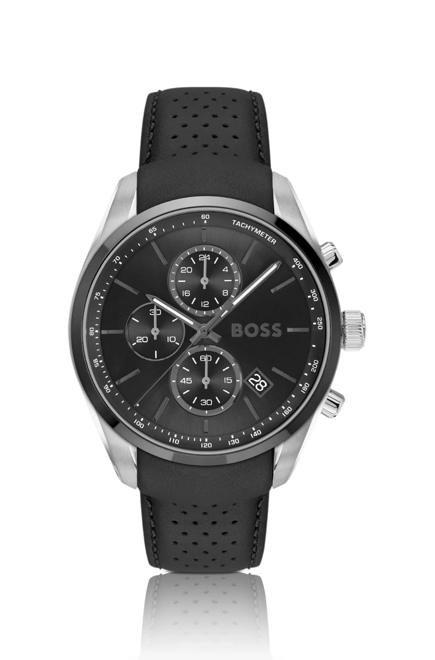 Black-dial chronograph watch with leather strap