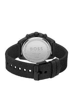 Black-dial chronograph watch with fabric strap