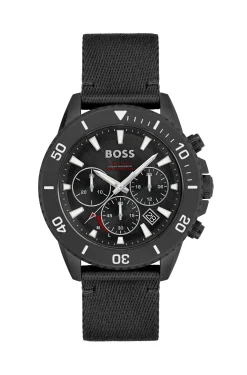 Black-dial chronograph watch with fabric strap