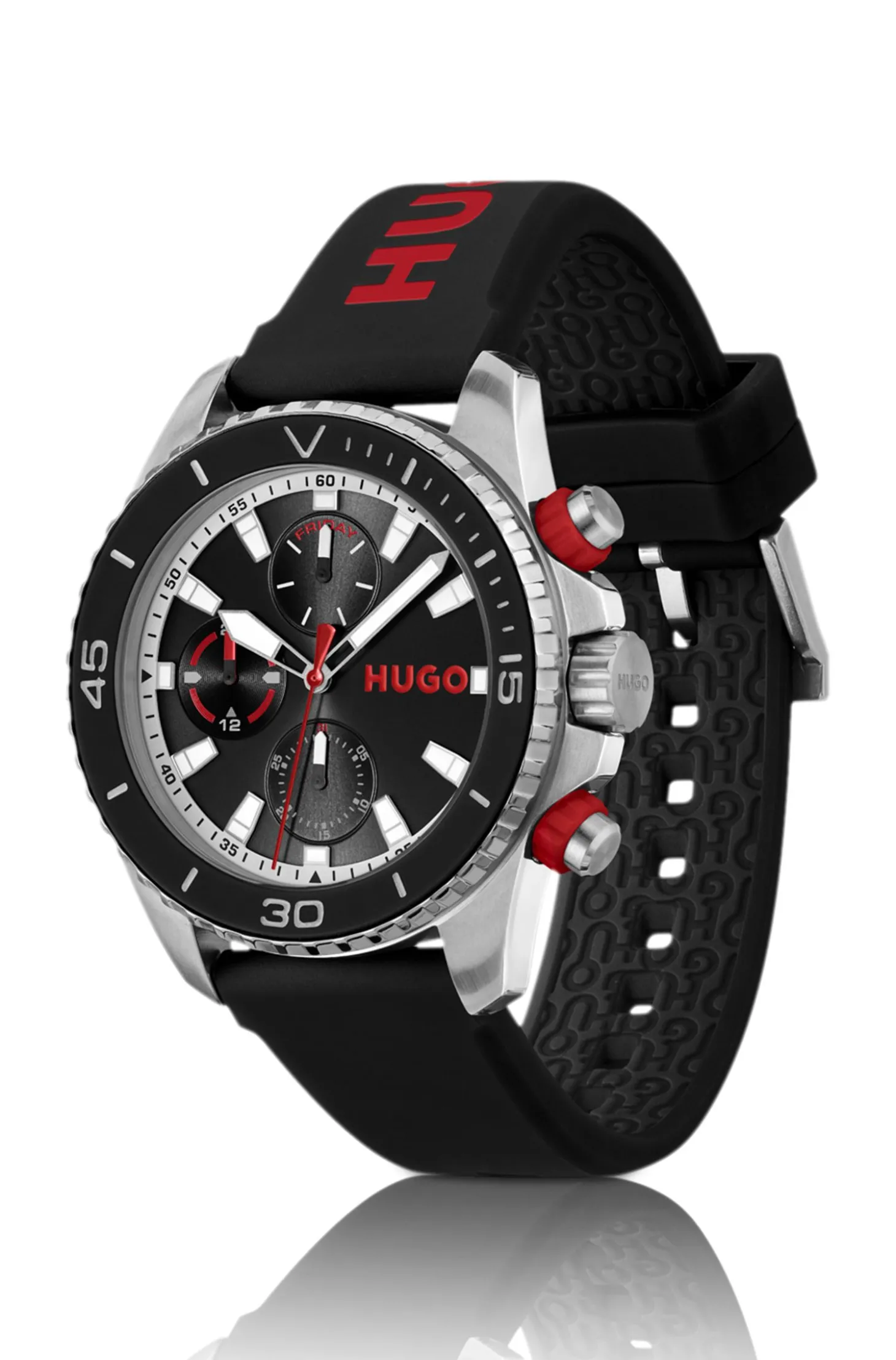 Black-dial watch with branded silicone strap
