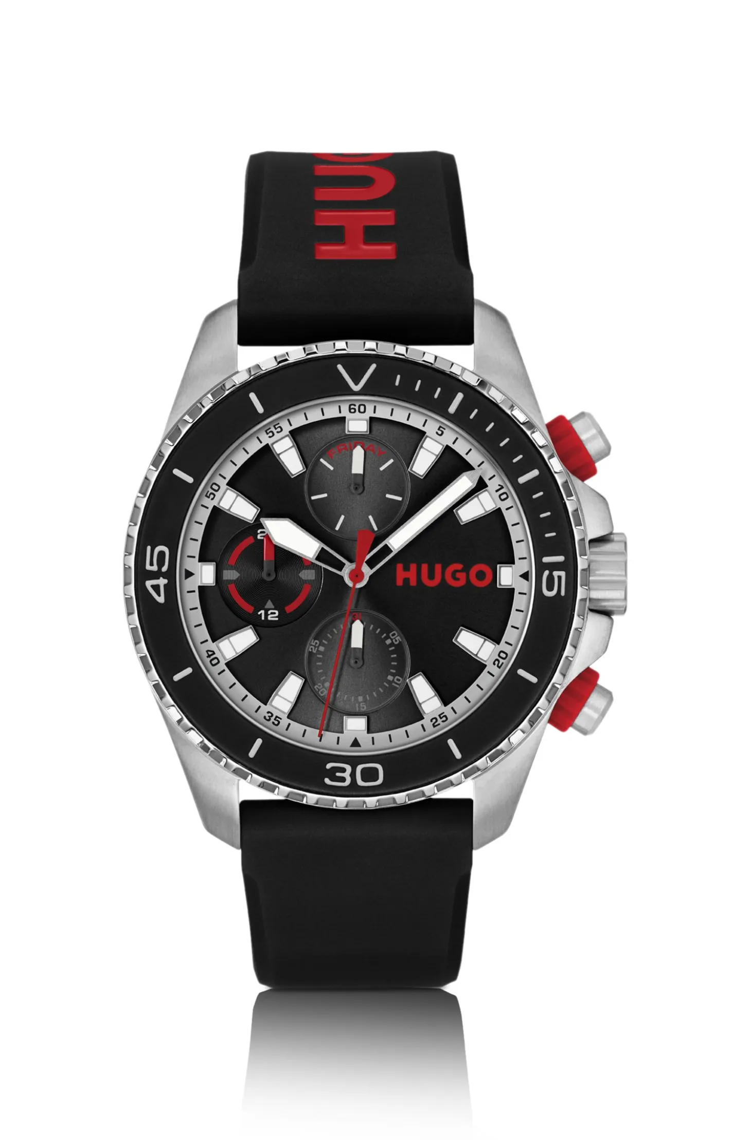 Black-dial watch with branded silicone strap