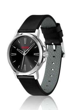 Black-dial watch with leather strap