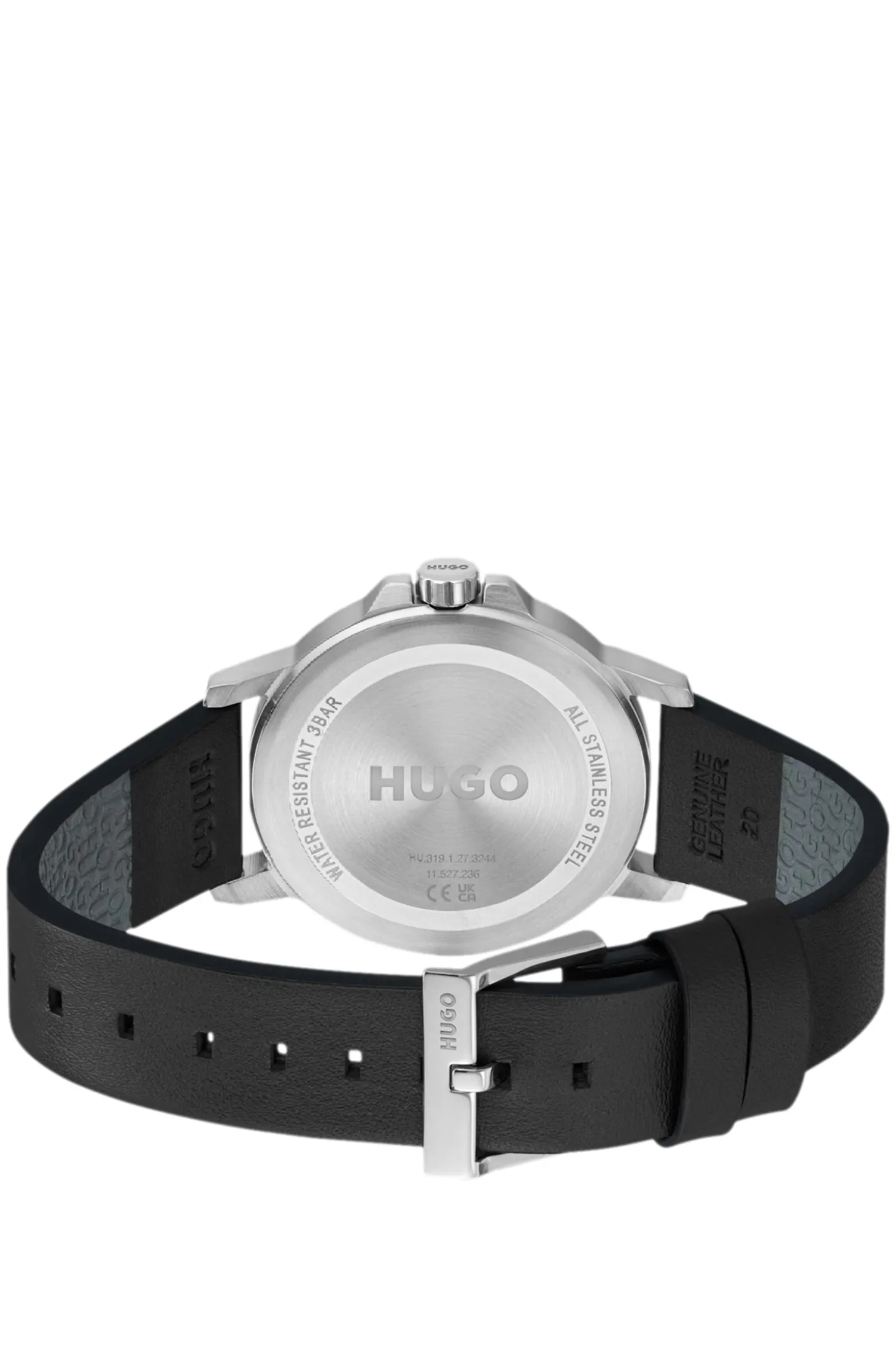 Black-dial watch with leather strap