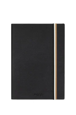 Black faux-leather A5 notebook with signature-stripe strap