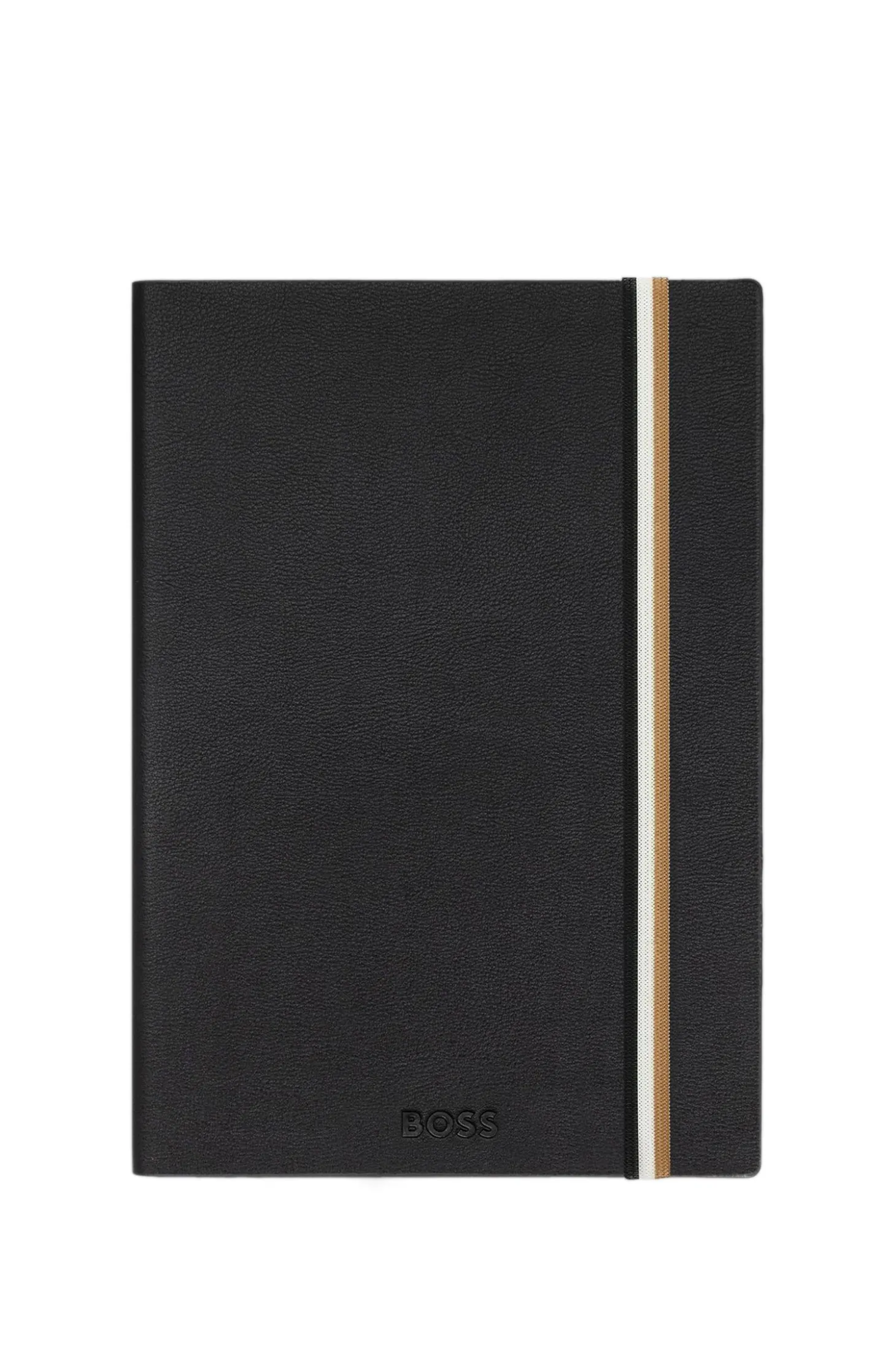 Black faux-leather A5 notebook with signature-stripe strap