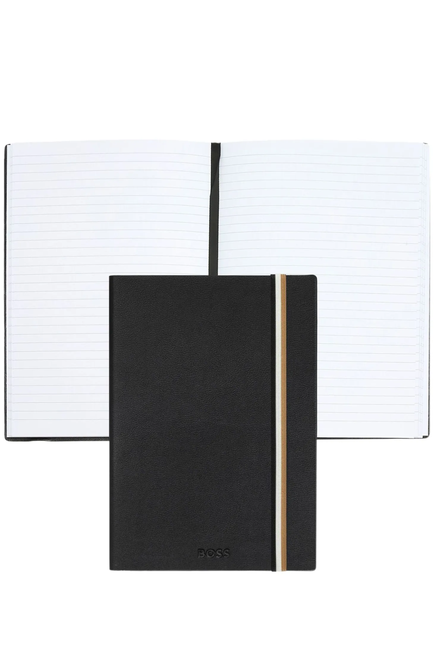 Black faux-leather A5 notebook with signature-stripe strap