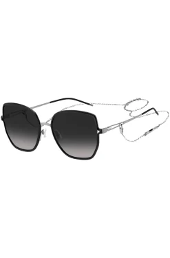 Black-frame sunglasses with forked temples and branded chain