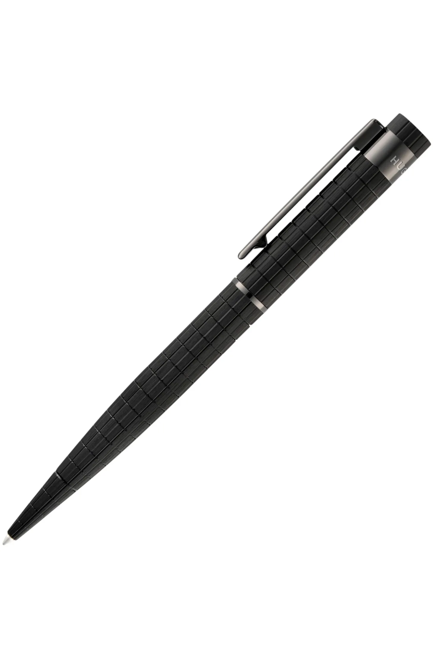 Black grid-textured ballpoint pen with logo trim